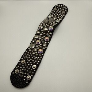 Black Leather Studded Cuff Bracelet Punk Goth Rhinestone Wide Wristband